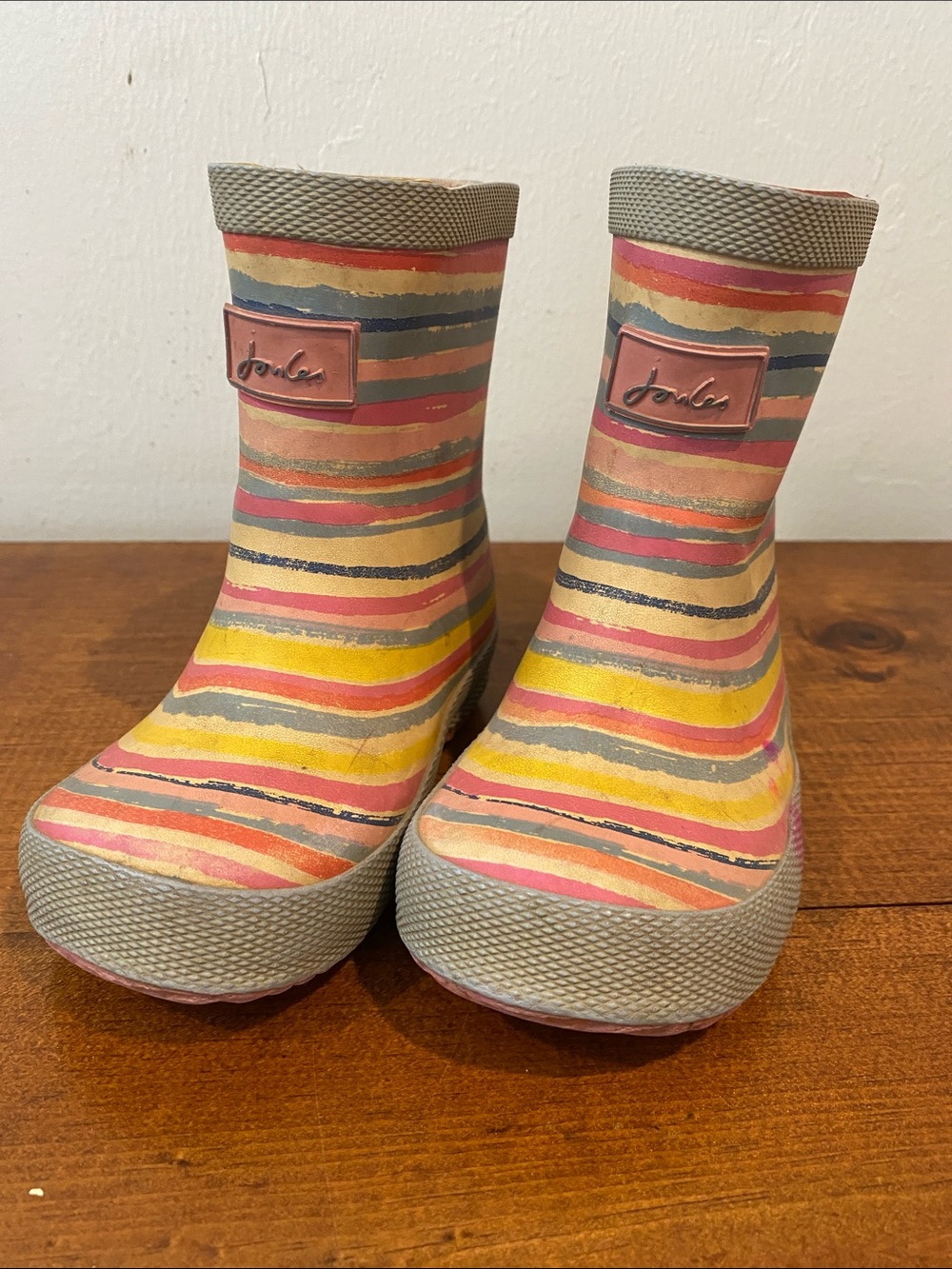 Joules Kids Striped Pink, Yellow & Gray Rain Boots
